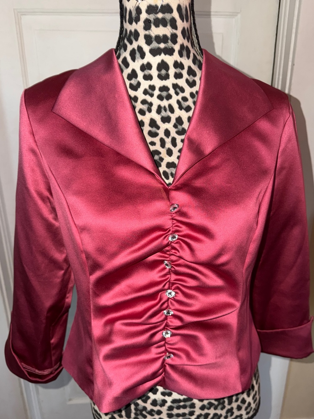 JR Nites Women’s Satin Ruched Button-Front Jacket in Deep Rose Size 12